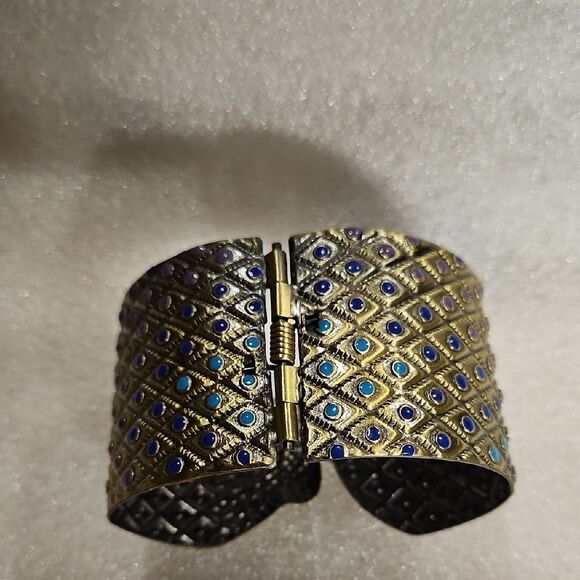 Peacock Design Gold tone and Blue Cuff Bracelet - Picture 2 of 3